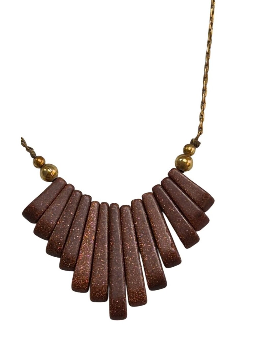 Retro Geometric Fan Necklace – Brown Sparkle Glitter Resin & Gold Beads - Picture 2 of 7